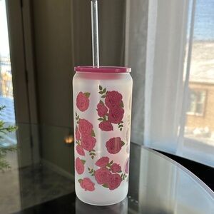 Floral Frosted Glass Tumbler with Straw
